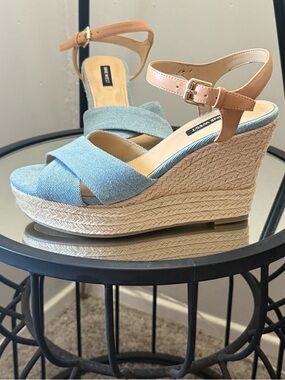 Nine West Light Blue Denim and Tan Wedge Sandals